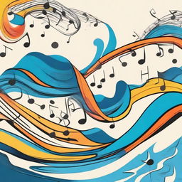 A vivid cartoon drawing of waves transformed into music notes, symbolizing the rhythm and harmony of music. A scene where the ocean waves meet the melody.