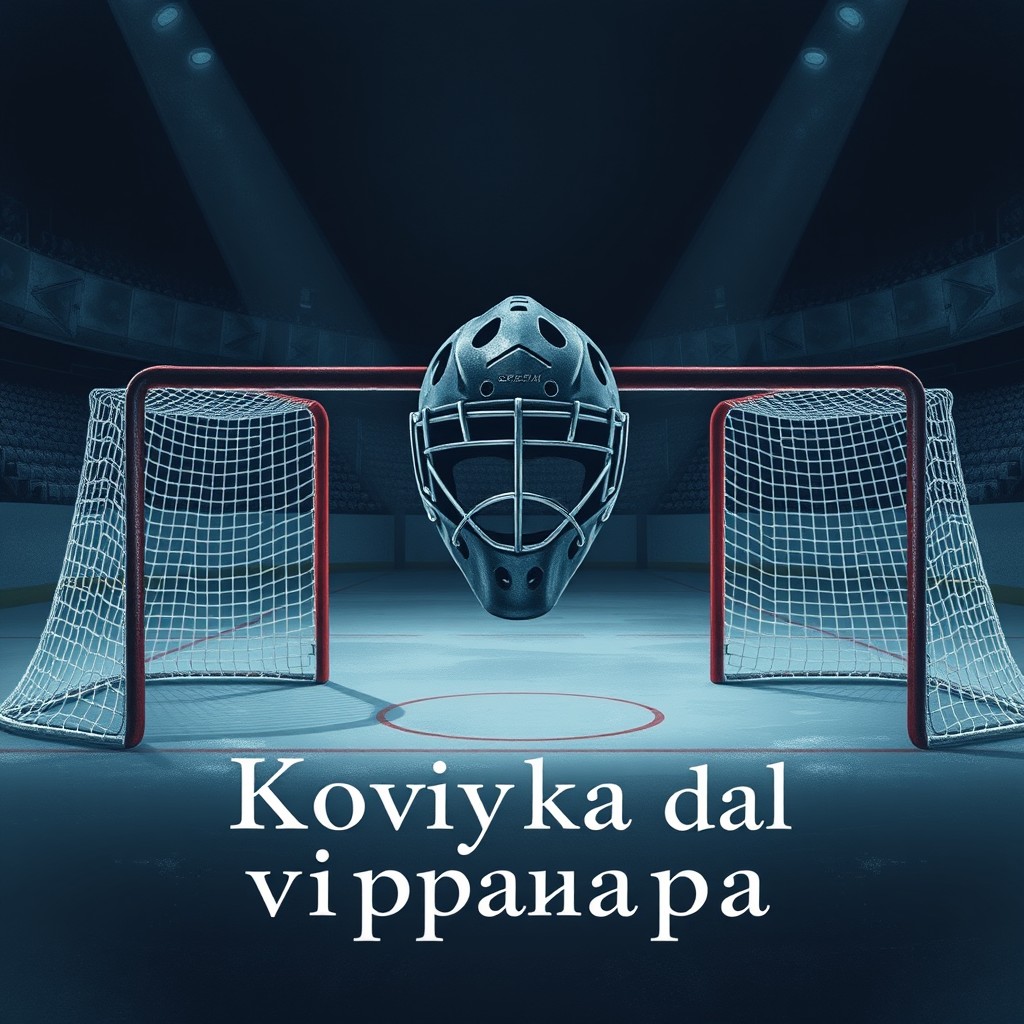 An atmospheric and metaphorical book cover illustration featuring empty hockey goals on dark, spotlit ice