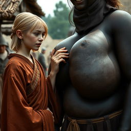 In a medieval poor village, a young blonde woman is depicted as very short and malnourished with rotten teeth, dressed in a long closed Buddhist robe