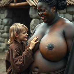In a medieval poor village, a young blonde woman is depicted as very short and malnourished with rotten teeth, dressed in a long closed Buddhist robe