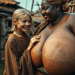 In a medieval poor village, a young blonde woman is depicted as very short and malnourished with rotten teeth, dressed in a long closed Buddhist robe