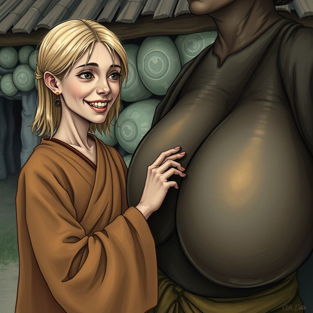 In a medieval poor village, a young blonde woman is depicted as very short and malnourished with rotten teeth, wearing a long closed Buddhist robe