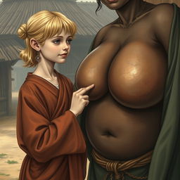 In a medieval poor village, a young blonde woman is depicted as very short and malnourished with rotten teeth, wearing a long closed Buddhist robe