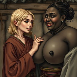 In a medieval poor village, a young blonde woman is depicted as very short and malnourished with rotten teeth, wearing a long closed Buddhist robe