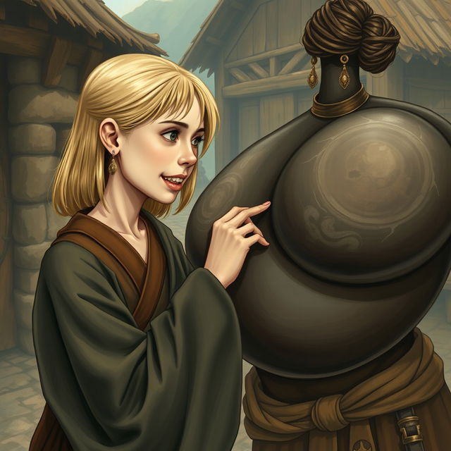 In a medieval poor village, a young blonde woman is depicted as very short and malnourished with rotten teeth, wearing a long closed Buddhist robe