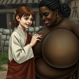 In a medieval poor village, a young white woman is portrayed as very short and malnourished with rotten teeth, wearing a long, closed Buddhist robe