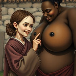 In a medieval poor village, a young white woman is portrayed as very short and malnourished with rotten teeth, wearing a long, closed Buddhist robe