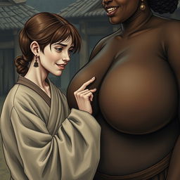 In a medieval poor village, a young white woman is portrayed as very short and malnourished with rotten teeth, wearing a long, closed Buddhist robe