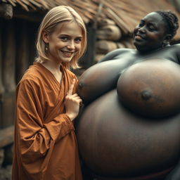 In a poor medieval village, a scene unfolds featuring a young, very short and malnourished blonde woman with rotten teeth, wearing a long, fully closed Buddhist robe