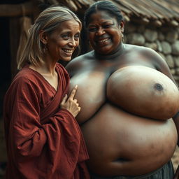 In a poor medieval village, a scene unfolds featuring a young, very short and malnourished blonde woman with rotten teeth, wearing a long, fully closed Buddhist robe