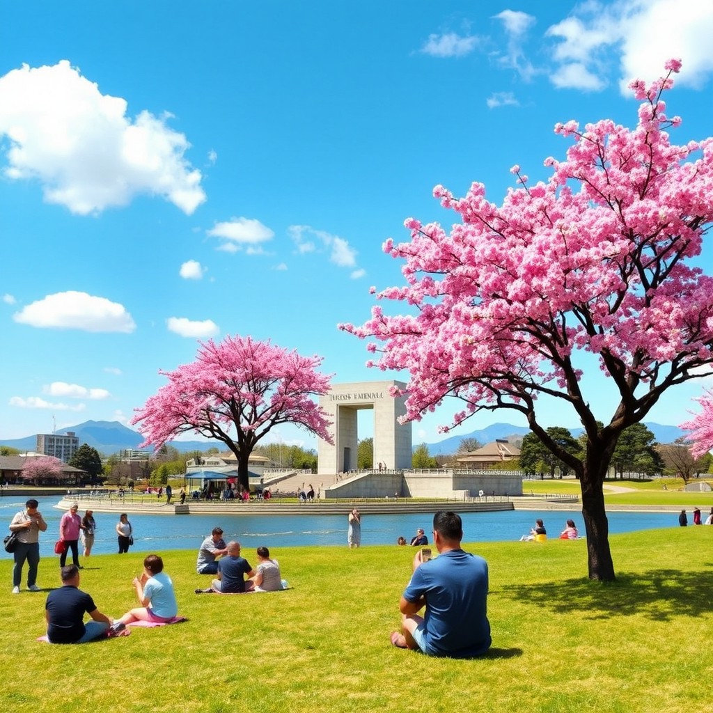 A serene landscape featuring the iconic Hiroshima Peace Memorial, with vibrant cherry blossoms in full bloom
