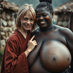 In a poor medieval village, a striking scene features a very short, malnourished young blonde woman with rotten teeth, dressed in a long, fully closed Buddhist robe