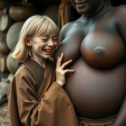 In a poor medieval village, a striking scene features a very short, malnourished young blonde woman with rotten teeth, dressed in a long, fully closed Buddhist robe