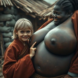 In a poor medieval village, a striking scene features a very short, malnourished young blonde woman with rotten teeth, dressed in a long, fully closed Buddhist robe