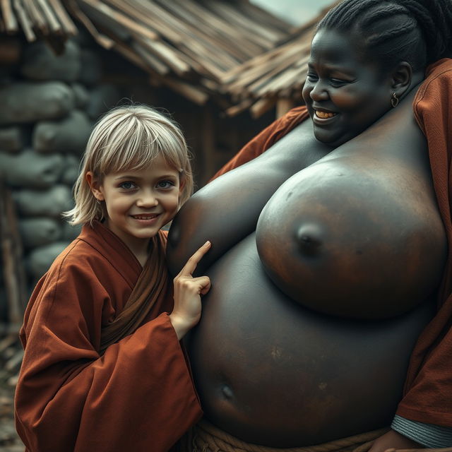 In a poor medieval village, a striking scene features a very short, malnourished young blonde woman with rotten teeth, dressed in a long, fully closed Buddhist robe