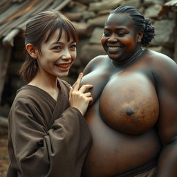 In a poor medieval village, a scene features a young, very short and malnourished white woman with rotten teeth, dressed in a long, fully closed Buddhist robe