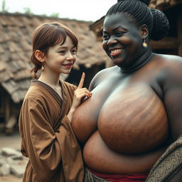In a poor medieval village, a scene features a young, very short and malnourished white woman with rotten teeth, dressed in a long, fully closed Buddhist robe