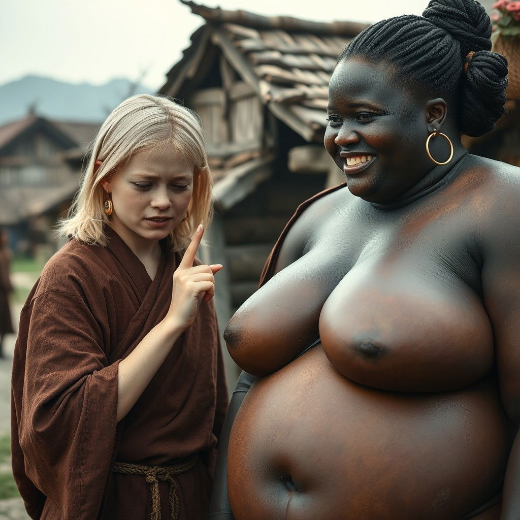In a poor medieval village, a young blonde woman, short and malnourished with decay teeth, is dressed in a long, completely closed Buddhist robe