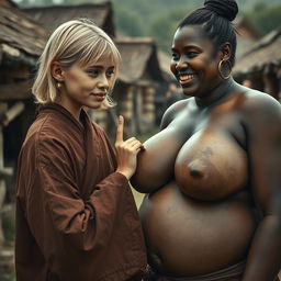 In a poor medieval village, a young blonde woman, short and malnourished with decay teeth, is dressed in a long, completely closed Buddhist robe