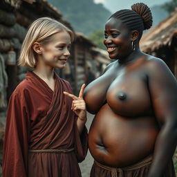 In a poor medieval village, a young blonde woman, short and malnourished with decay teeth, is dressed in a long, completely closed Buddhist robe
