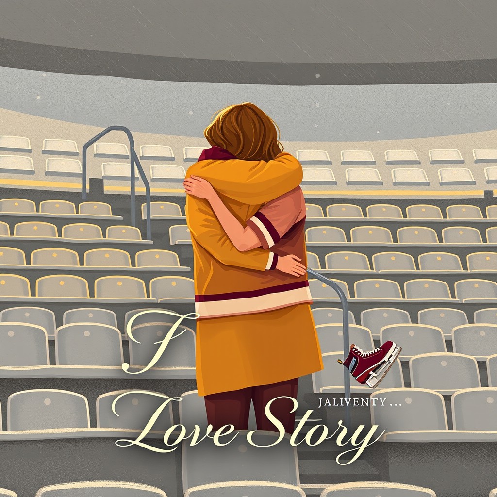 A book cover illustration that balances romance and sports themes, depicting a couple in an intimate, vulnerable moment from behind, hugging on empty stadium bleachers