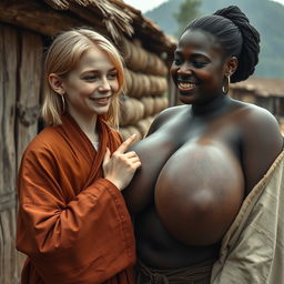 In a humble medieval village, a young blonde woman, short and malnourished with decayed teeth, is adorned in a long, fully closed Buddhist robe
