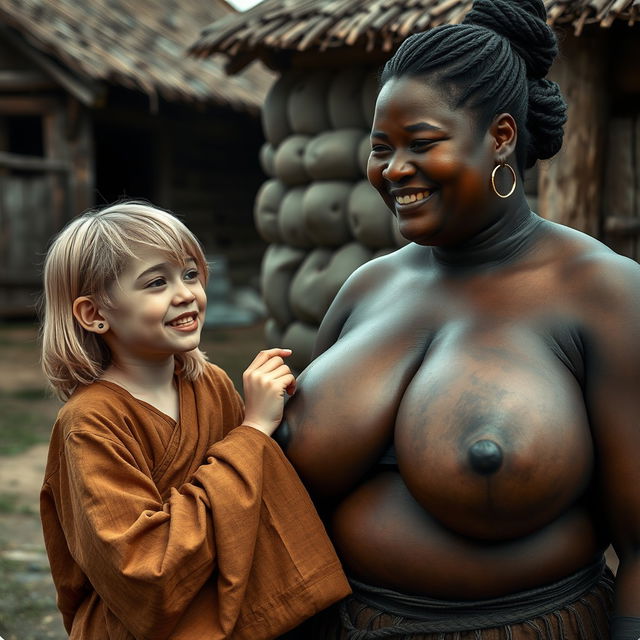 In a humble medieval village, a young blonde woman, short and malnourished with decayed teeth, is adorned in a long, fully closed Buddhist robe