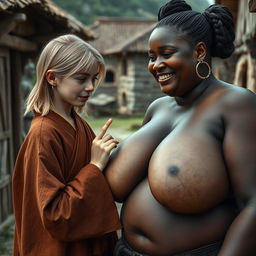 In a modest medieval village, a young blonde woman, short and malnourished with decayed teeth, wears a long, fully closed Buddhist robe