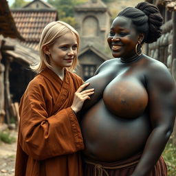 In a modest medieval village, a young blonde woman, short and malnourished with decayed teeth, wears a long, fully closed Buddhist robe