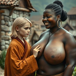 In a modest medieval village, a young blonde woman, short and malnourished with decayed teeth, wears a long, fully closed Buddhist robe