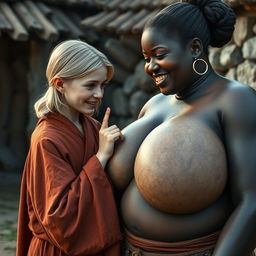 In a medieval poor village setting, depict a young blonde woman who is short and undernourished, with rotten teeth, wearing a long, closed Buddhist robe