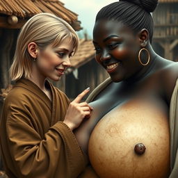 In a medieval poor village setting, depict a young blonde woman who is short and undernourished, with rotten teeth, wearing a long, closed Buddhist robe