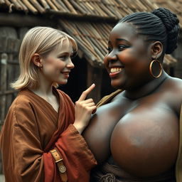 In a medieval poor village setting, depict a young blonde woman who is short and undernourished, with rotten teeth, wearing a long, closed Buddhist robe