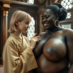 In an opulent medieval room, feature a young blonde woman who is short and undernourished, showcasing rotten teeth, dressed in a long, closed Buddhist robe