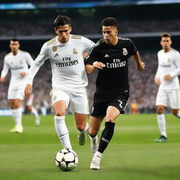 Bakhodir Jalolov playing football for Real Madrid FC, on a crowded stadium, wearing the traditional white kit and performing a skillful move.