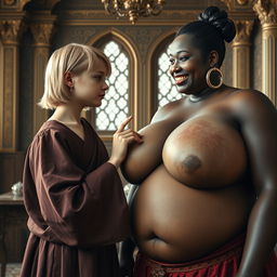 In an opulent medieval room, depict a young blonde woman who is short and undernourished, with rotten teeth, dressed in a long, closed Buddhist robe