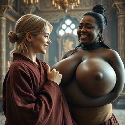 In an opulent medieval chamber, a young blonde woman, short and undernourished, with rotten teeth, wears a long, fully closed Buddhist robe