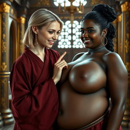 In an opulent medieval chamber, a young blonde woman, short and undernourished, with rotten teeth, wears a long, fully closed Buddhist robe