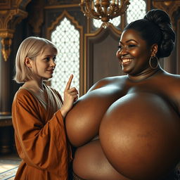 In an opulent medieval chamber, a young blonde woman, short and undernourished, with rotten teeth, wears a long, fully closed Buddhist robe