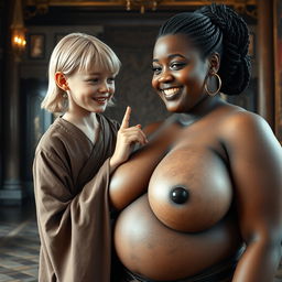 In a grand medieval chamber, a young blonde woman, notably short and undernourished with decayed teeth, is dressed in a long, fully closed Buddhist robe