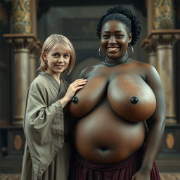 In a grand medieval chamber, a young blonde woman, notably short and undernourished with decayed teeth, is dressed in a long, fully closed Buddhist robe