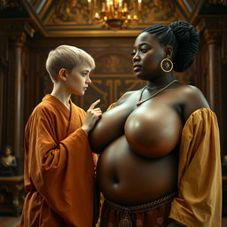 Inside an opulent medieval room, a striking scene unfolds