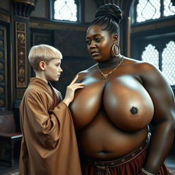 Inside an opulent medieval room, a striking scene unfolds