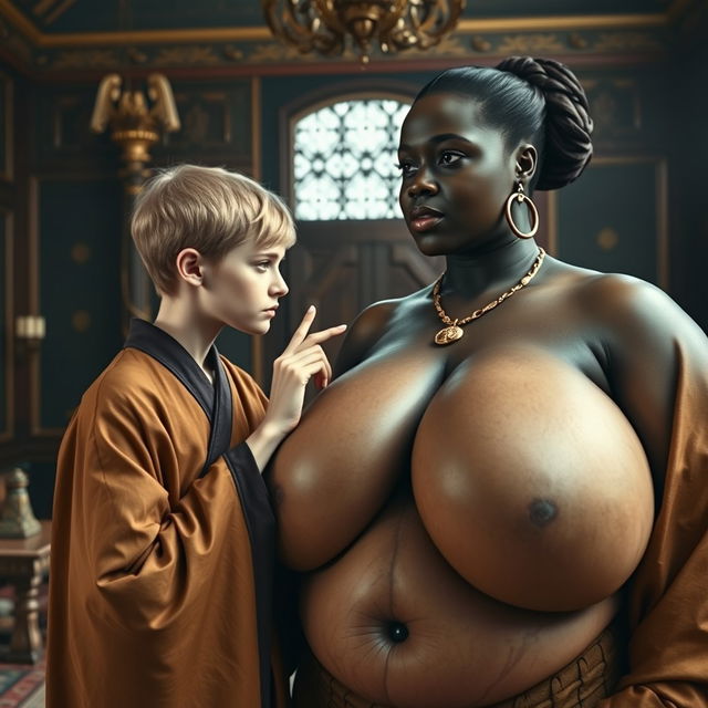 Inside an opulent medieval room, a striking scene unfolds