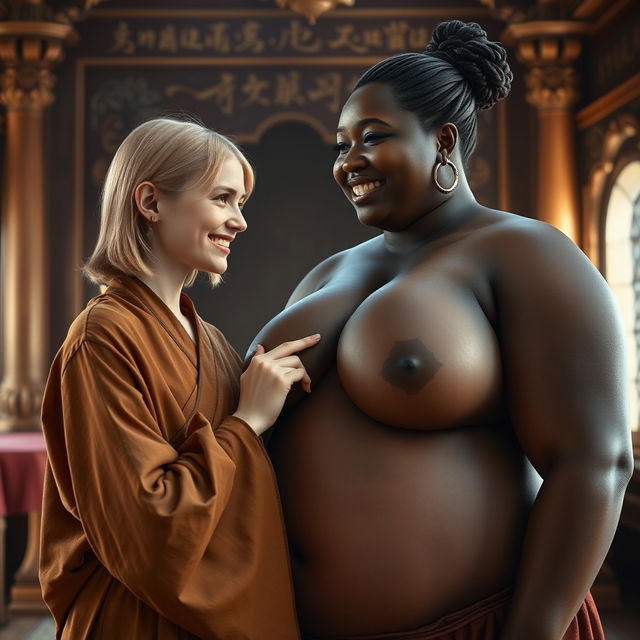 In a lavish medieval chamber, a captivating scene unfolds