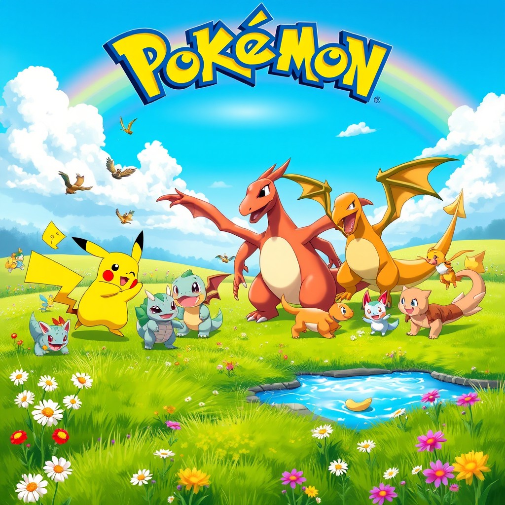 A fantastical scene featuring a vibrant countryside setting filled with various Pokémon like Pikachu, Bulbasaur, and Charizard playing and interacting with each other