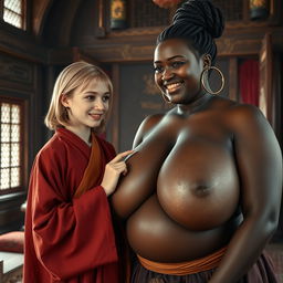 In a richly decorated medieval chamber, a compelling scene is presented