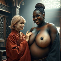 In a richly decorated medieval chamber, a compelling scene is presented