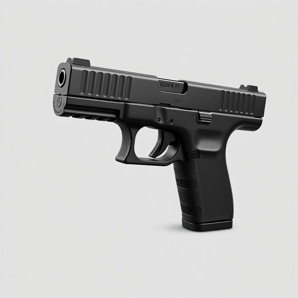 A realistic representation of a black Glock handgun, specifically a Glock 17, showcasing a detailed and lifelike appearance