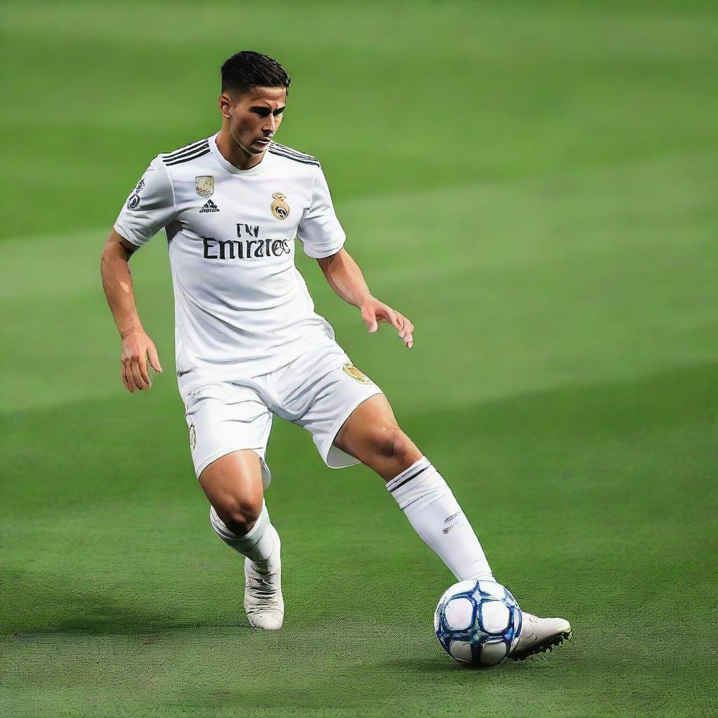 Bakhodir Jalolov playing football for Real Madrid FC, on a crowded stadium, wearing the traditional white kit and performing a skillful move.